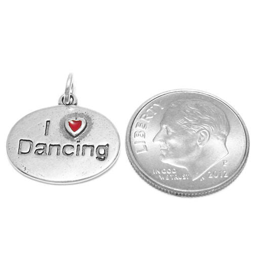 "I Love ❤ Dancing" with Red Heart in Oval Charm. Sterling Silver