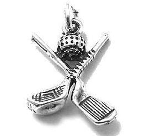 Golf Clubs and Ball Charm in 3D. Sterling Silver