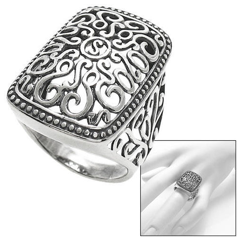 A intricately sculpted rectangular shaped domed scroll filigree ring. Wholesale Sterling Silver Rings. Main photo.