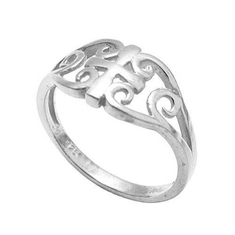 Small cross surrounded by filigree scrolls. Wholesale sterling silver rings. Main photo.