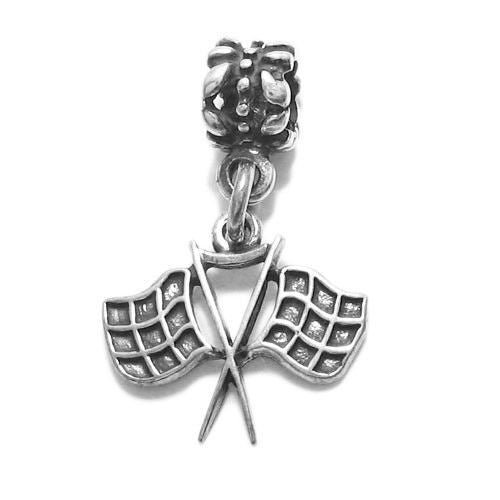 Checkered Racing Flags Charm with Euro Bead. Sterling Silver