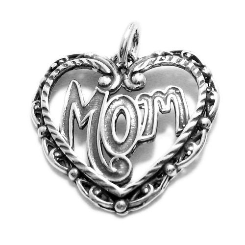 Stylish "Mom" Beaded Heart Charm for your chic Mother. Wholesale Sterling Silver Charms - Jewelry. Main.