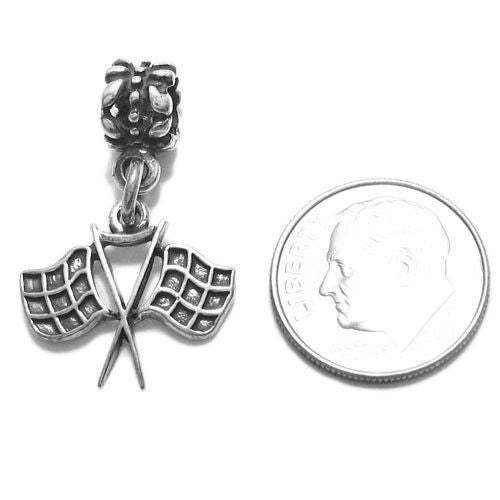 Checkered Racing Flags Charm with Euro Bead. Sterling Silver