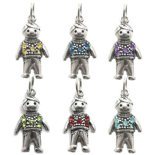 Colorful birthstone charms of a little boy in a sweater. Wholesale Sterling Silver Charms. Main photo.
