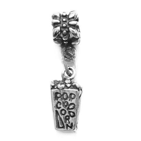 Movie Theater Popcorn Charm in 3D with Euro Bead. Sterling Silver