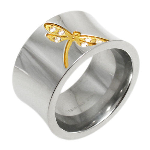 Concave Band with Embossed Gold Dragonfly and Micro Pavé CZs. Wholesale stainless steel rings. Main photo.