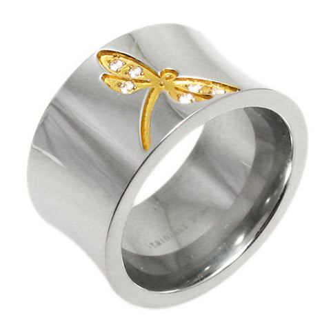 Concave Band with Embossed Gold Dragonfly and Micro Pavé CZs. Wholesale stainless steel rings. Main photo.