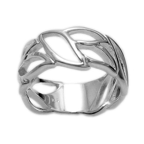 Beautiful cutout ring of olive leaves to symbolize peace. Wholesale sterling silver rings. Front view.