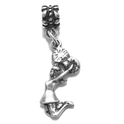 Cheerleader w/ Pom Poms Charm with Euro Bead in Sterling Silver