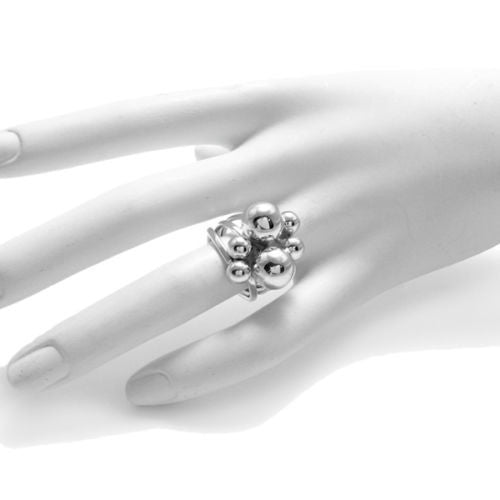 Ring with a cluster of six balls reminiscent of soap bubbles. Wholesale Sterling Silver Rings. On mannequin photo.