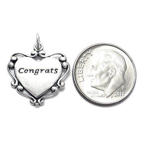 "Congrats" in Scroll Decorated Heart Charm. Sterling Silver