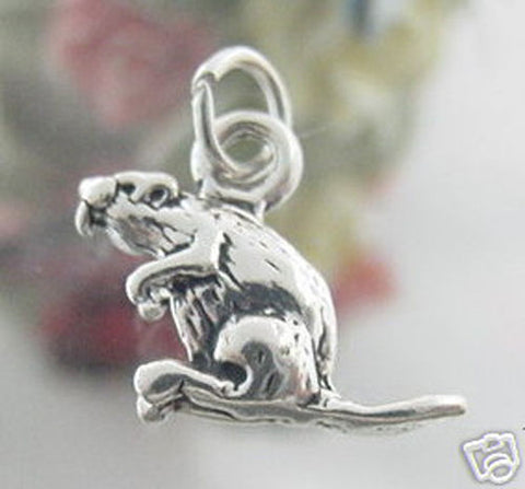 Beaver with Big Teeth Charm in 3D Sterling Silver.