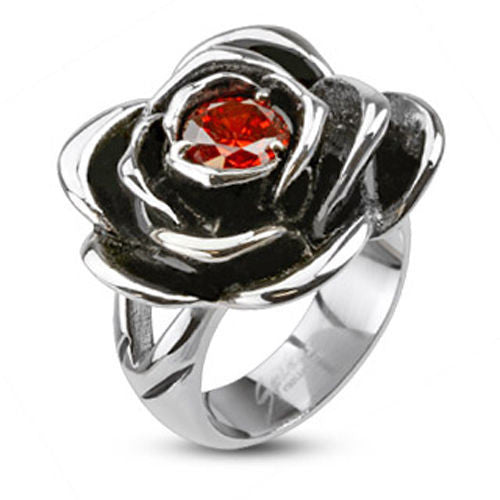 Unique ring shaped into an open rose with a red CZ stone. Wholesale Stainless Steel Ring