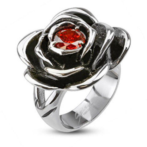 Unique ring shaped into an open rose with a red CZ stone. Wholesale Stainless Steel Ring