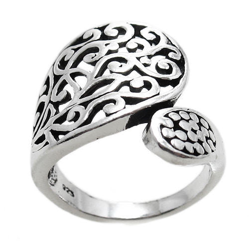 A beautiful filigreed wrap ring in the classic spoon ring shape. Wholesale Sterling Silver Rings. Alt photo.
