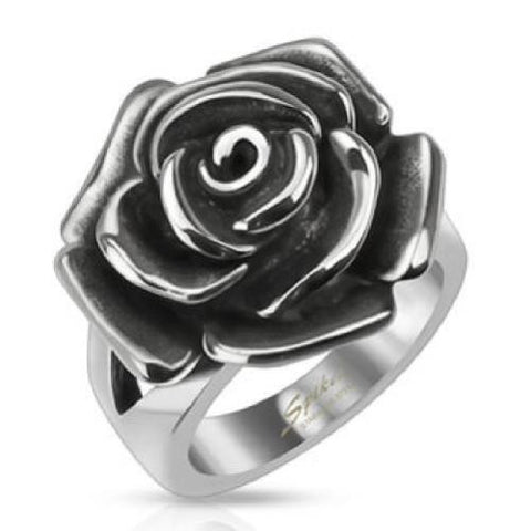 Elegant and lifelike striking rose in bloom ring. Wholesale Stainless Steel Rings.