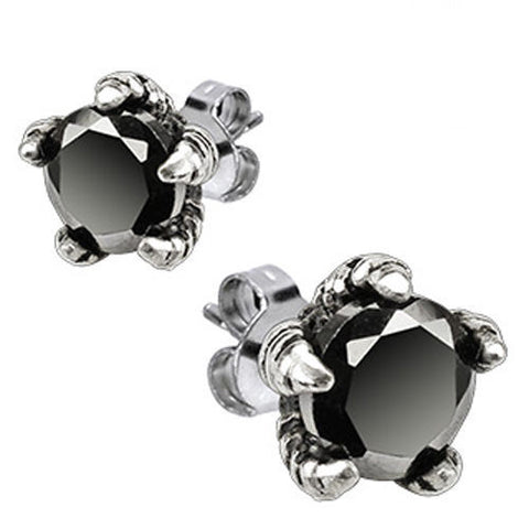 Eagle's Claw Grabbing Black CZ Stud Earrings. Stainless Steel