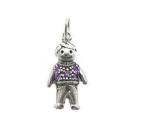Colorful birthstone charms of a little boy in a sweater. Wholesale Sterling Silver Charms. February.