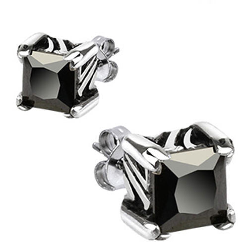 7mm Princess Cut Black CZs in Post Earrings. Stainless Steel