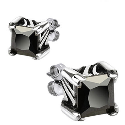 7mm Princess Cut Black CZs in Post Earrings. Stainless Steel