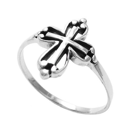 Traditional French Cross Ring with Curved Scrolls. Wholesale sterling silver rings. Main photo.