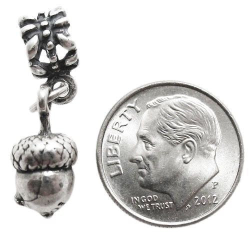 Acorn Charm in 3D with Euro Bead. Sterling Silver