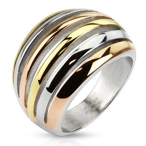 Tri-Color Ion Plated Shrimp Ring in Alternating Finishes. Wholesale Stainless Steel Rings.
