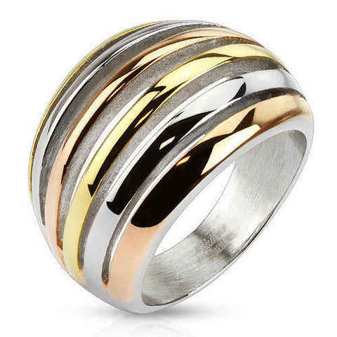 Tri-Color Ion Plated Shrimp Ring in Alternating Finishes. Wholesale Stainless Steel Rings.