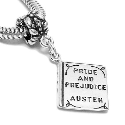 "Pride and Prejudice by Austen" Book Charm with Euro Bead. Sterling Silver