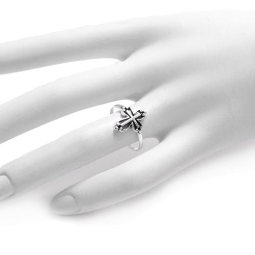 Traditional French Cross Ring with Curved Scrolls. Wholesale sterling silver rings. On hand.