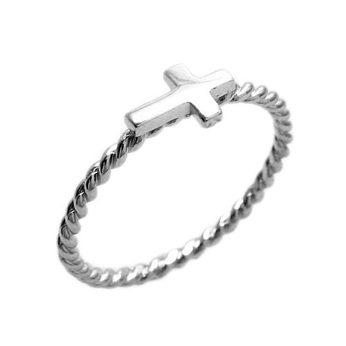 Thin Twisted Rope Band w/ Small  Floating Cross Ring. Wholesale sterling silver rings. Main photo.
