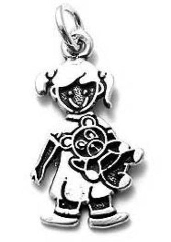 Little Girl Holding Teddy Bear Charm. Sterling Silver