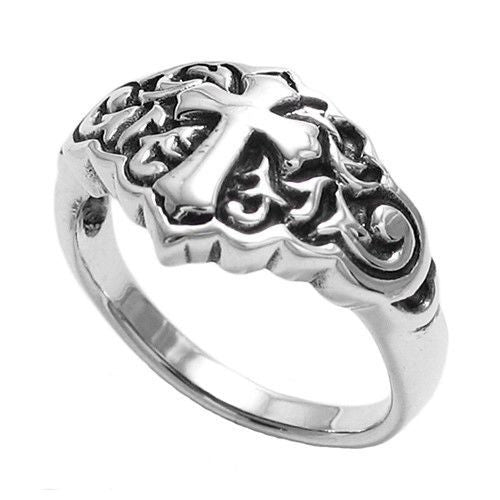A Beautiful cross ring surrounded in scroll art. Wholesale Sterling Silver Rings. Main photo.