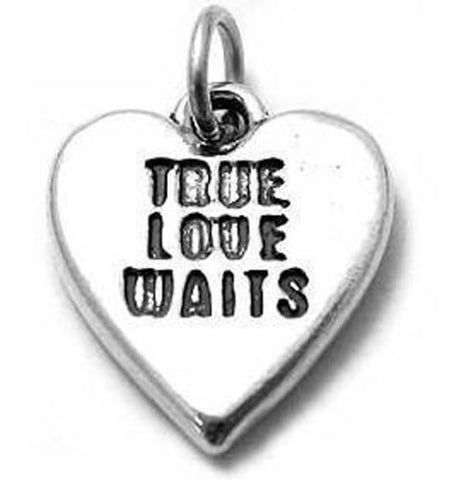 "True Love Waits" in Heart Charm. Sterling Silver