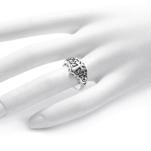 A Beautiful cross ring surrounded in scroll art. Wholesale Sterling Silver Rings. On hand.