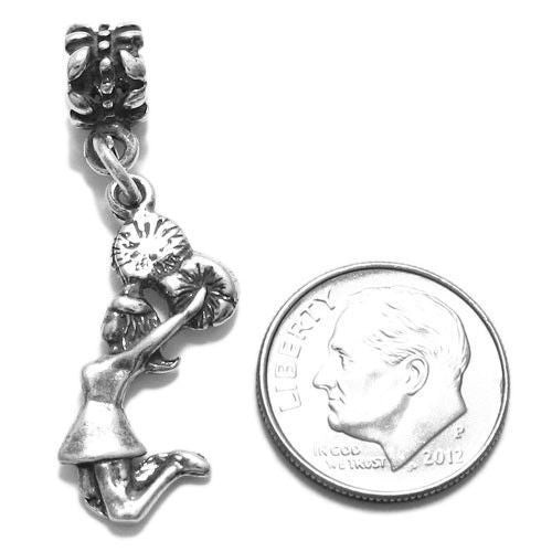 Cheerleader w/ Pom Poms Charm with Euro Bead in Sterling Silver