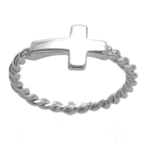 Graphic Clean Angled Cross on Twisted Rope Band. Wholesale Sterling Silver Rings. Front view.