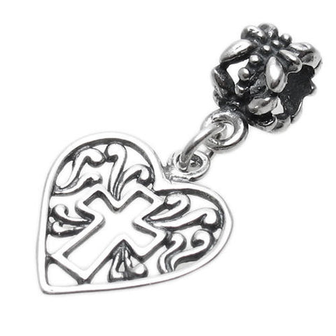 Ornate Cross in Heart w/ Euro Bead in Sterling Silver