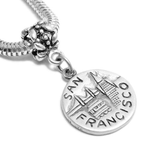 "San Francisco" CA 2-Sided Charm with Euro Bead. Sterling Silver