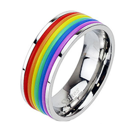 Rainbow colored stripes give this ring a genuine sense of pride. Wholesale Stainless Steel Rings.