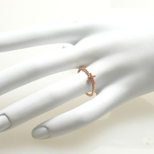 Rose Gold Plated Thin Twisted Band Cross Ring. Wholesale sterling silver rings. On hand.