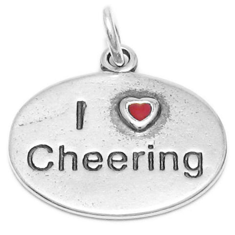 "I Love ❤ Cheering" with Red Heart in Oval Charm. Sterling Silver