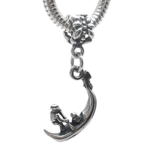 Venetian Gondola with Gondolier Charm with Euro Bead. 3D Sterling Silver