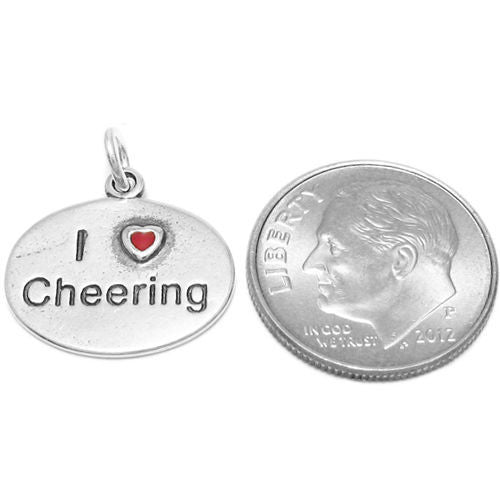 "I Love ❤ Cheering" with Red Heart in Oval Charm. Sterling Silver