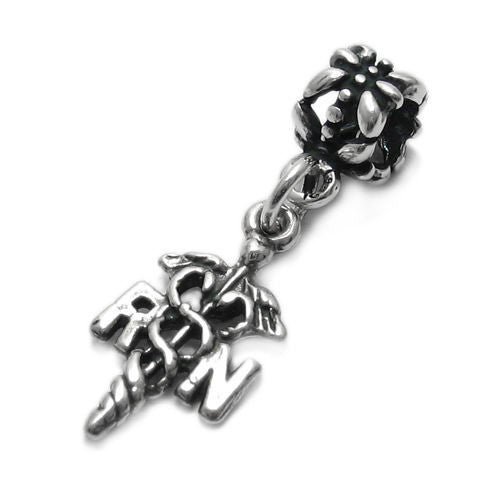 Registered Nurse (RN) Charm with Euro Bead. Sterling Silver