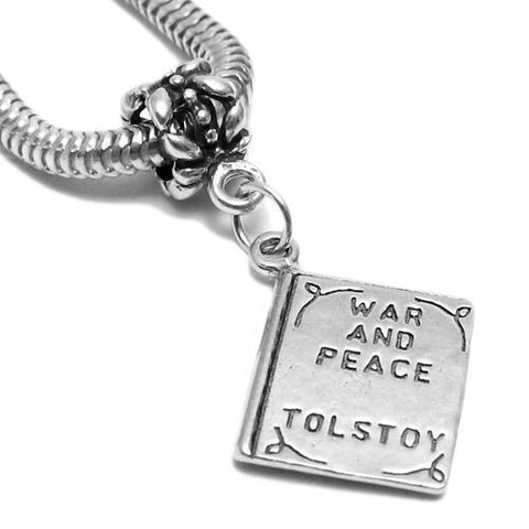 "War and Peace by Tolstoy" Book Charm with Euro Bead. Sterling Silver