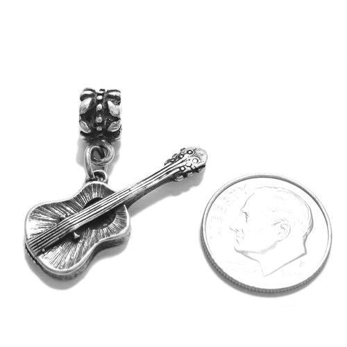 Acoustic Guitar Charm in 3D with Euro Bead. Sterling Silver