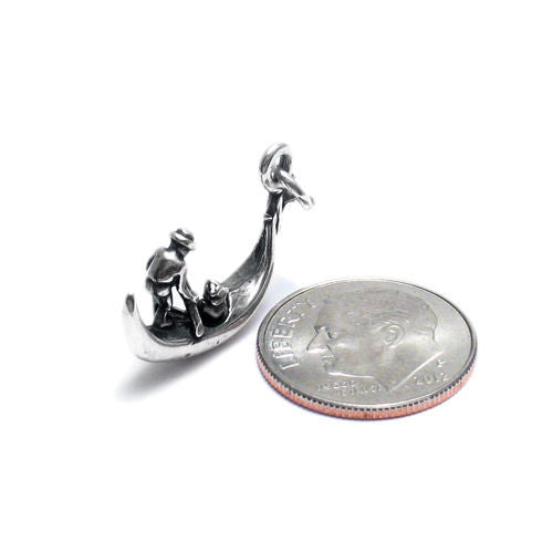 Venetian Gondola with Gondolier Charm with Euro Bead. 3D Sterling Silver