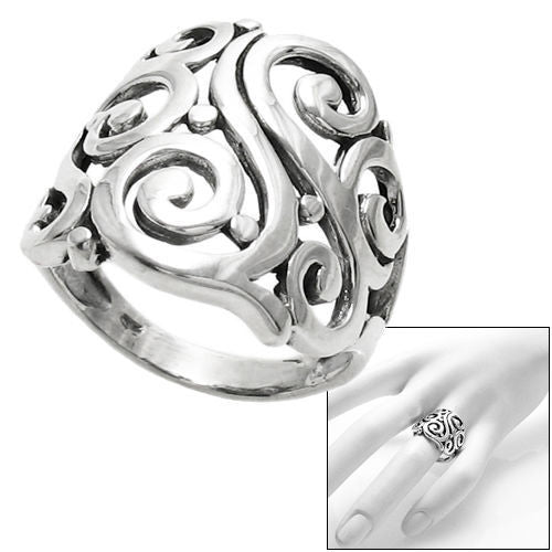 Flowing curved lines in native tribal art motif ring. Wholesale Sterling Silver Rings. Main photo.