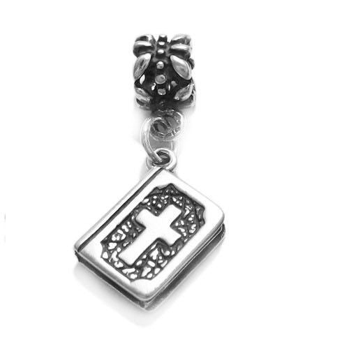 Holy Bible with Peace Dove on Back with Euro Bead Charm in Sterling Silver